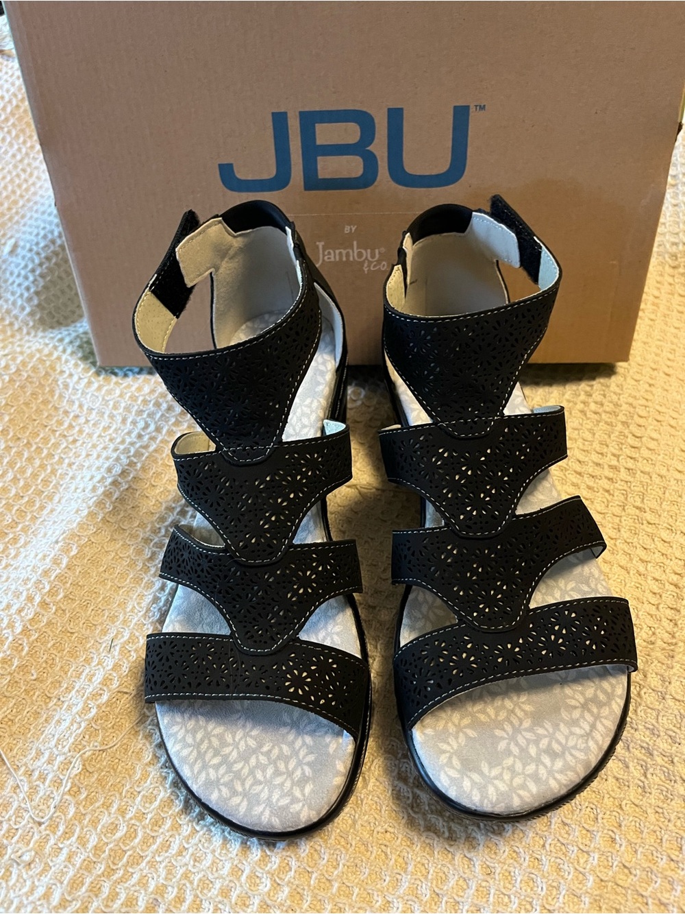 JBU Black Laser-Cut Multi-Strap Women's Sandals